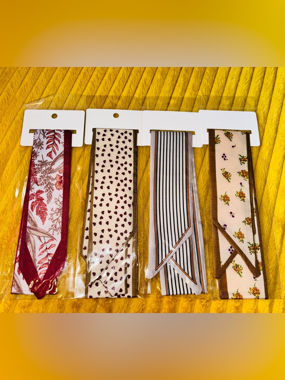 Set of 4 Twilly Skinny Scarves – Floral, Hearts & Stripes – New